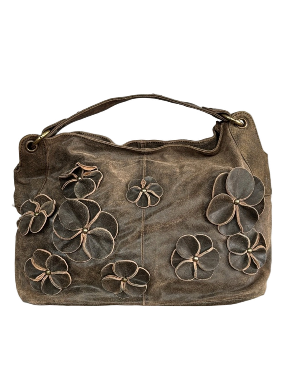 Anthropologie Lucky Penny Floral Appliqué Brown Leather Hobo Boho Shoulder Bag